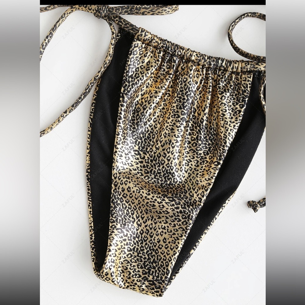 ZAFUL Convertible Glossy Coated Snakeskin Leopard String Bikini Golden size s - Picture 3 of 9